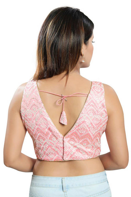 Baby Pink Art Silk Embroidered Readymade Saree Blouse