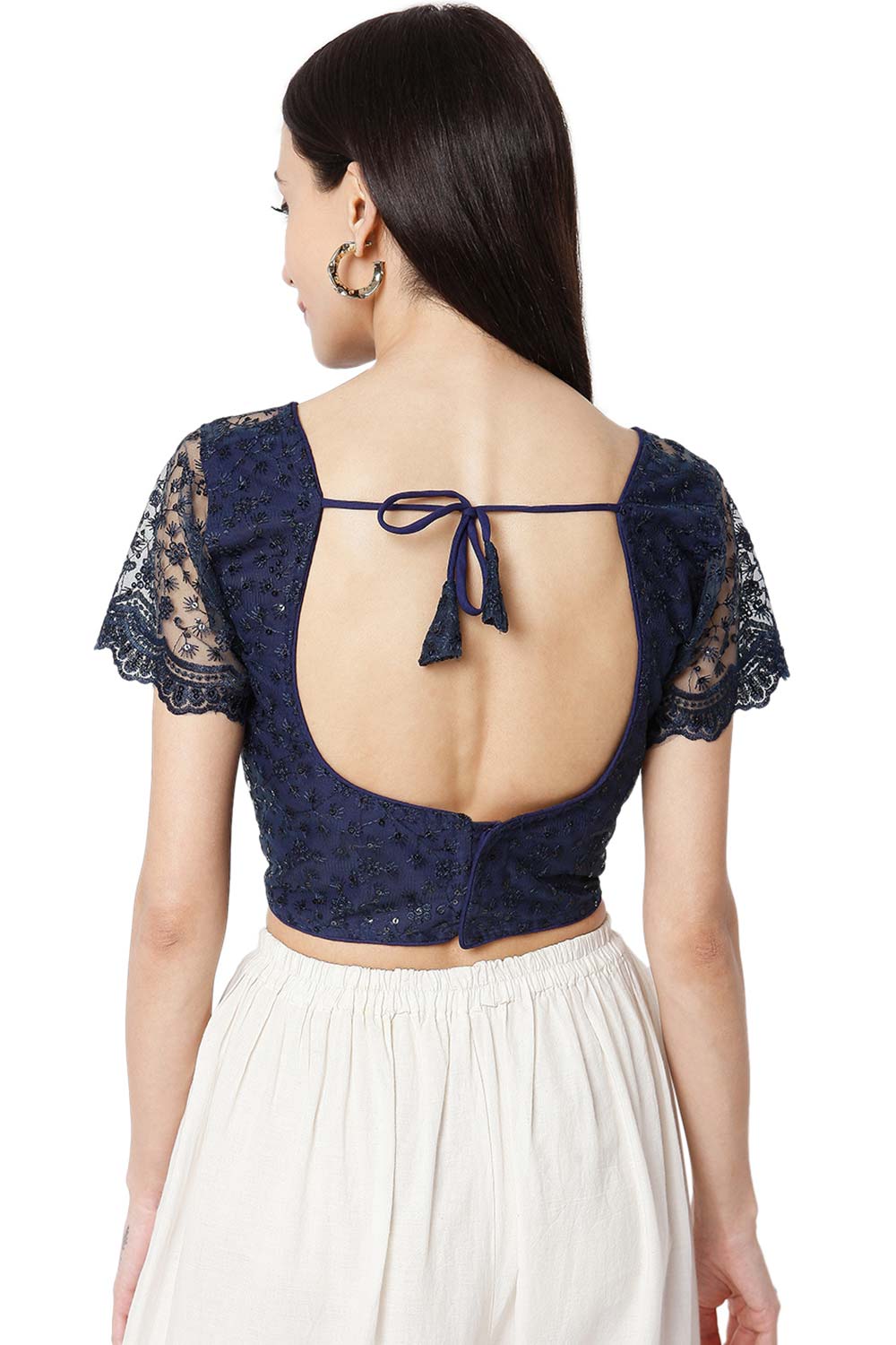 Buy Cotton Embroidered Saree Blouse in Blue - Front