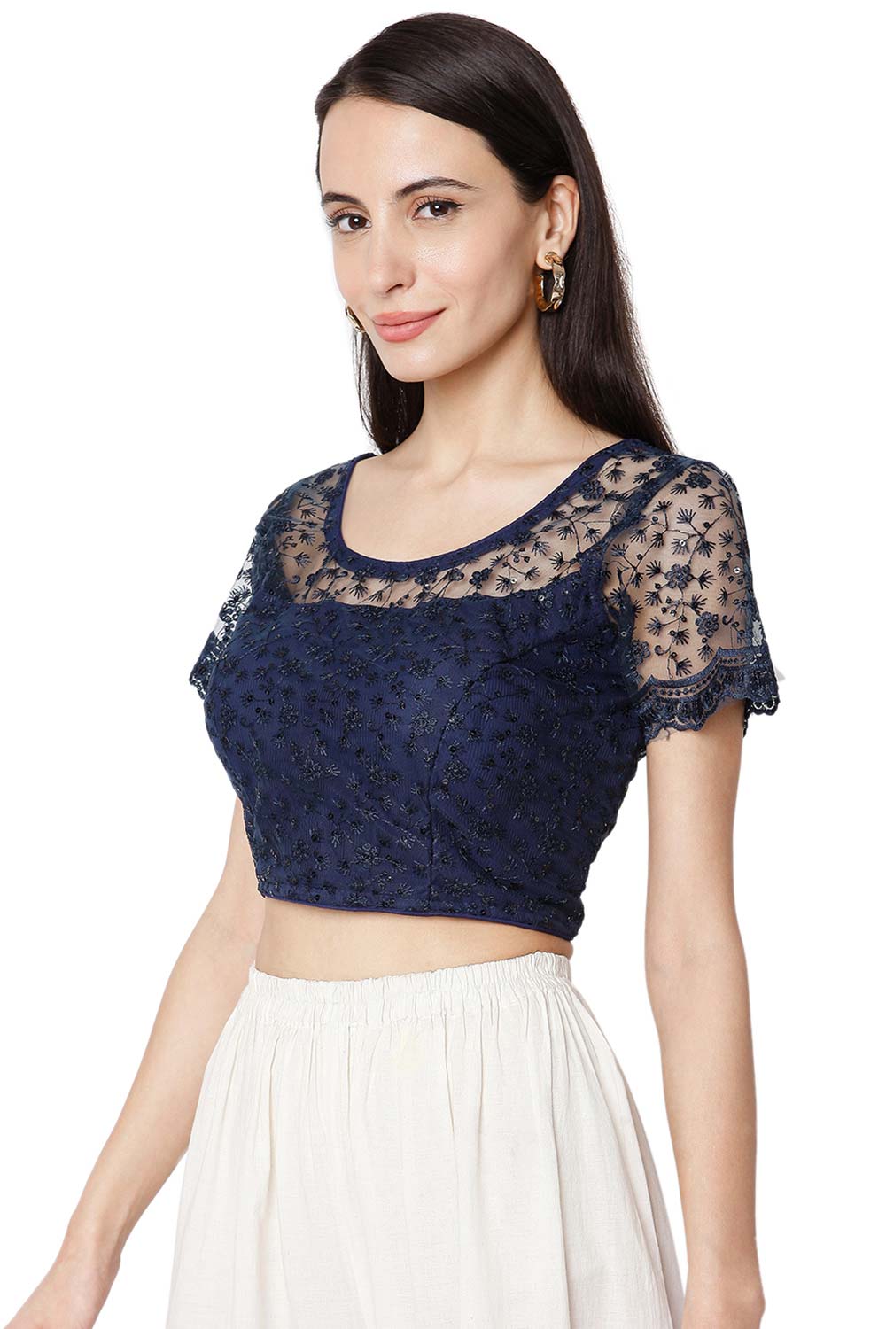 Buy Cotton Embroidered Saree Blouse in Blue - Side