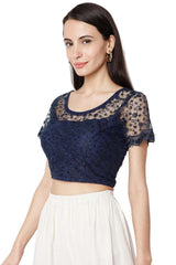 Buy Cotton Embroidered Saree Blouse in Blue - Side