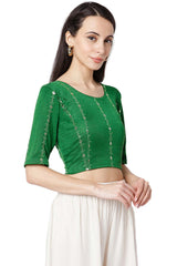 Buy Cotton Sequin Embroidered Saree Blouse in Green - Side