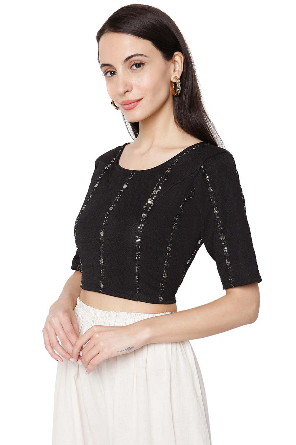 Buy Cotton Sequin Embroidered Saree Blouse in Black - Front