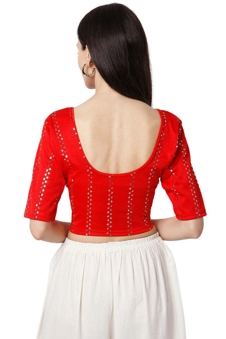 Buy Cotton Sequin Embroidered Saree Blouse in Red - Back