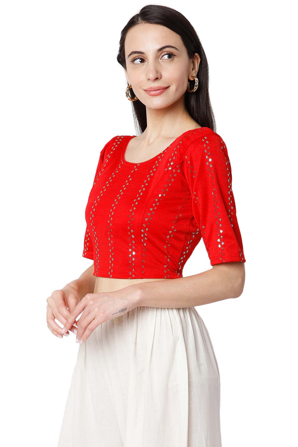 Buy Cotton Sequin Embroidered Saree Blouse in Red - Front