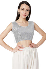 Buy Cotton Sequin Saree Blouse in Silver