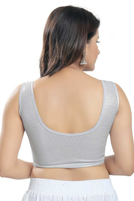 Silver Polyester Solid Readymade Stretchable Saree Blouse