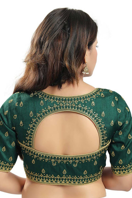 Bottle Green Jain Silk Embroidered Readymade Saree Blouse