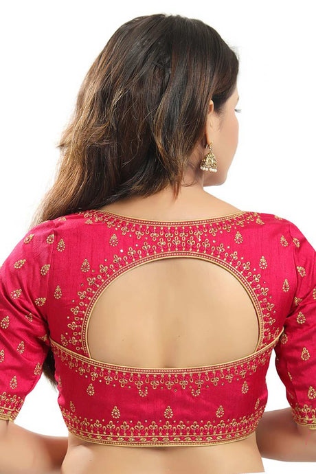 Pinkish Maroon Jain Silk Embroidered Readymade Saree Blouse