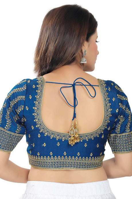 Cobalt Blue Silk Embroidered Readymade Saree Blouse