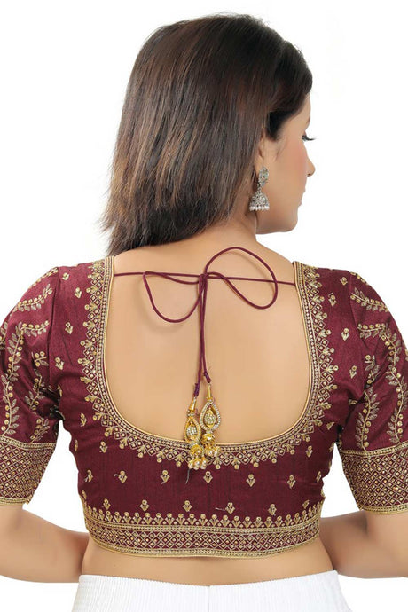 Maroon Silk Embroidered Readymade Saree Blouse