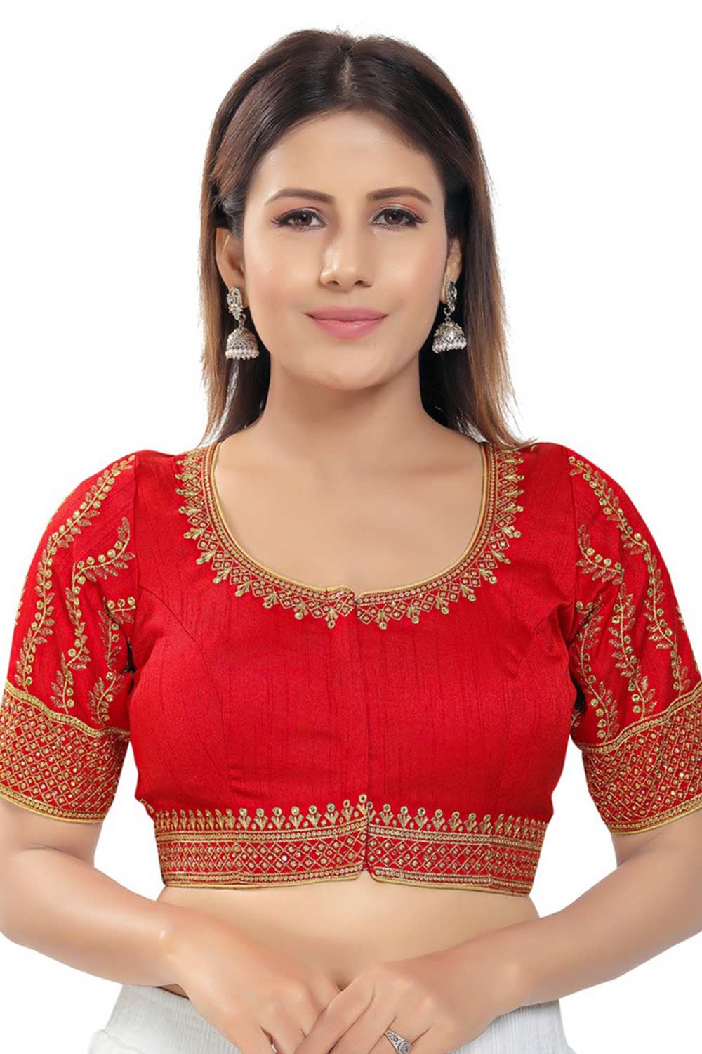 Red Silk Embroidered Readymade Saree Blouse