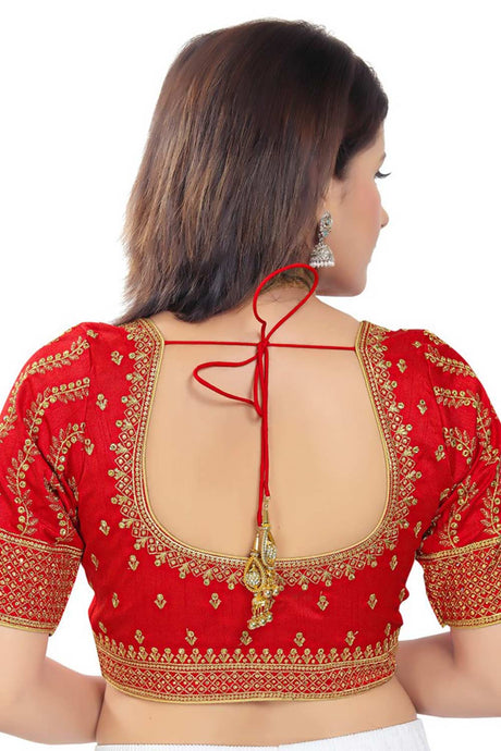 Red Silk Embroidered Readymade Saree Blouse