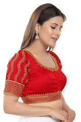 Red Silk Embroidered Readymade Saree Blouse