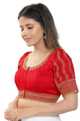 Red Silk Embroidered Readymade Saree Blouse