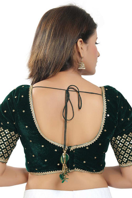 Green Velvet Embroidered Readymade Saree Blouse
