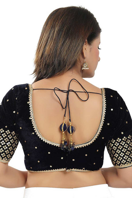 Navy Blue Velvet Embroidered Readymade Saree Blouse