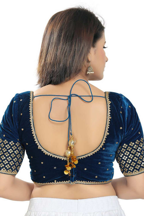 Peacock Blue  Velvet Embroidered Readymade Saree Blouse