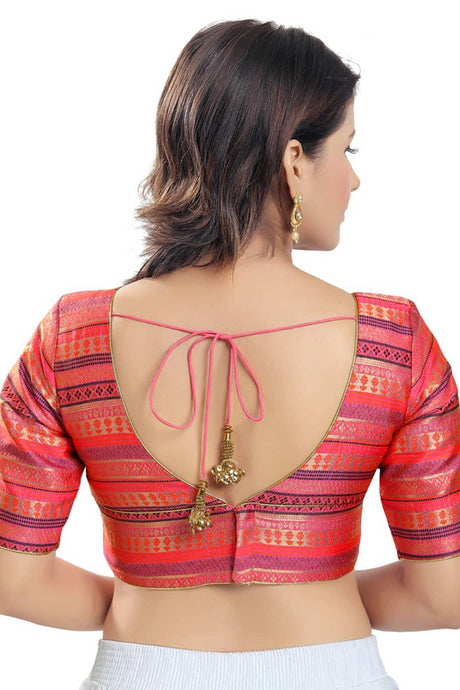 Peach Brocade Printed Readymade Saree Blouse