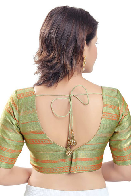 Pista Green Brocade Printed Readymade Saree Blouse