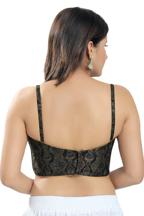 Black Brocade Printed Readymade Saree Blouse