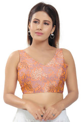 Peach Brocade Printed Readymade Saree Blouse