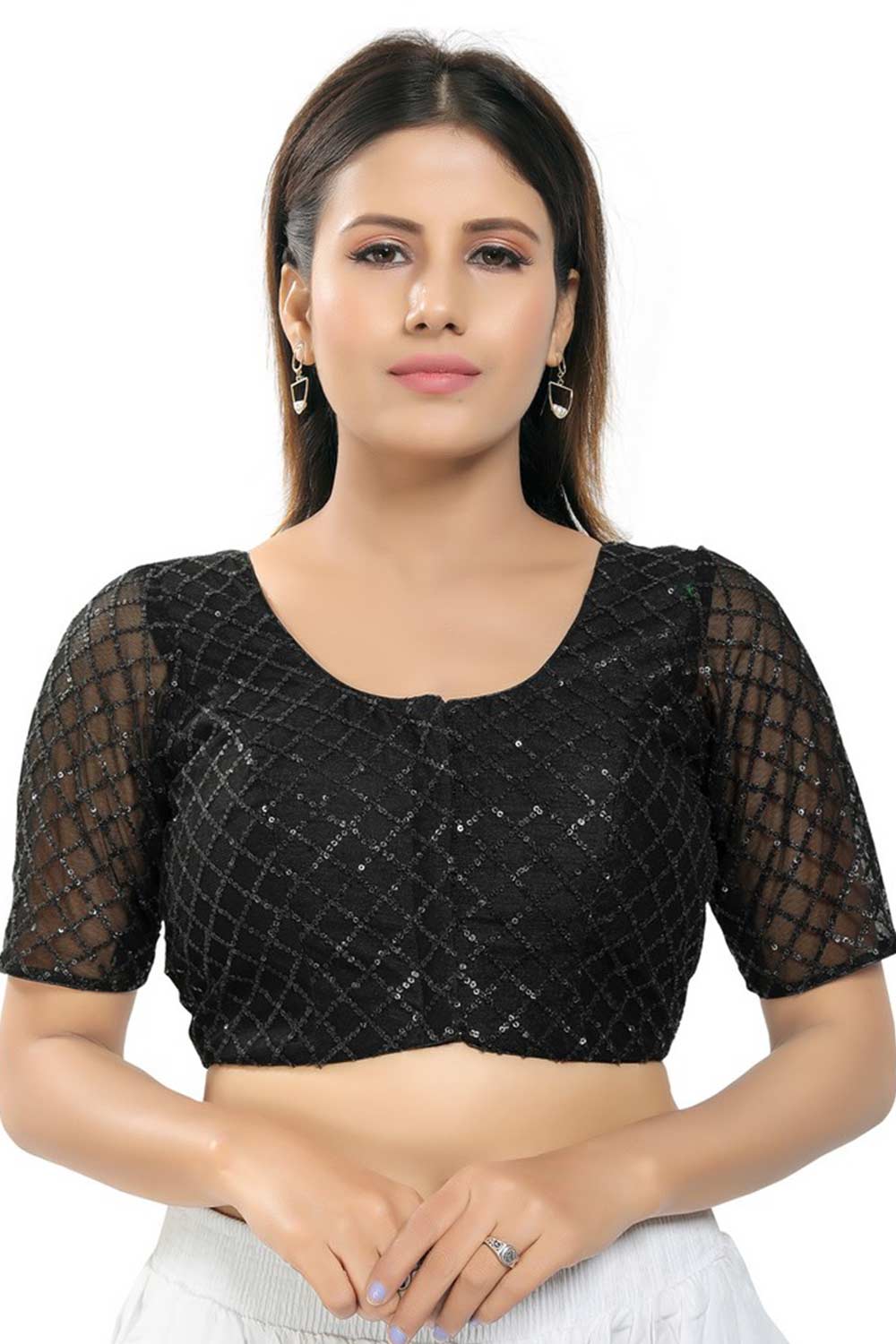 Black Net Embroidered Readymade Saree Blouse