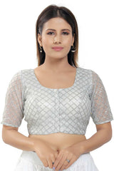 Silver Net Embroidered Readymade Saree Blouse