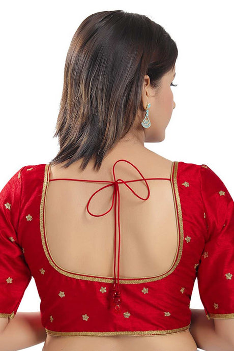 Red Silk Embroidered Readymade Saree Blouse