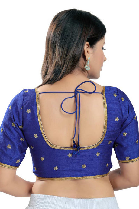Royal Blue Silk Embroidered Readymade Saree Blouse