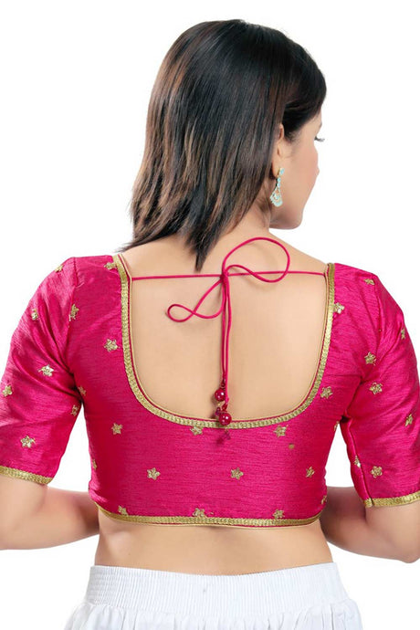 Tomato Pink Silk Embroidered Readymade Saree Blouse