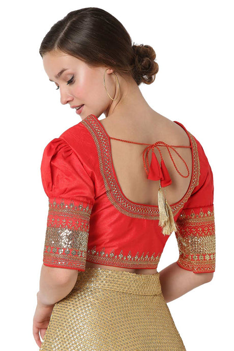 Red Cotton Silk Embroidered Readymade Saree Blouse