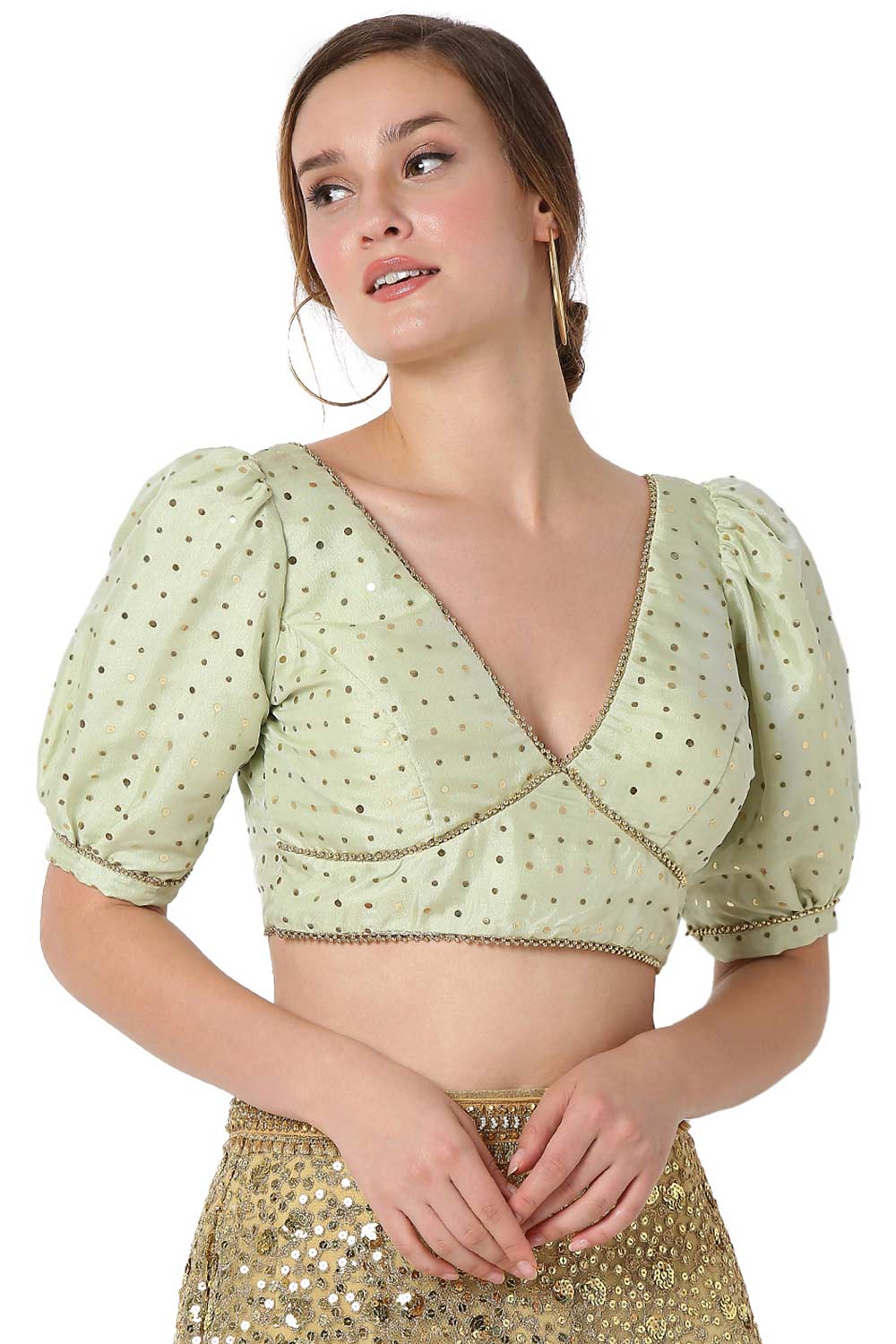 Pastel Green Organza Embroidered Readymade Saree Blouse