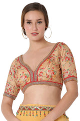 Gold Polyester Embroidered Readymade Saree Blouse