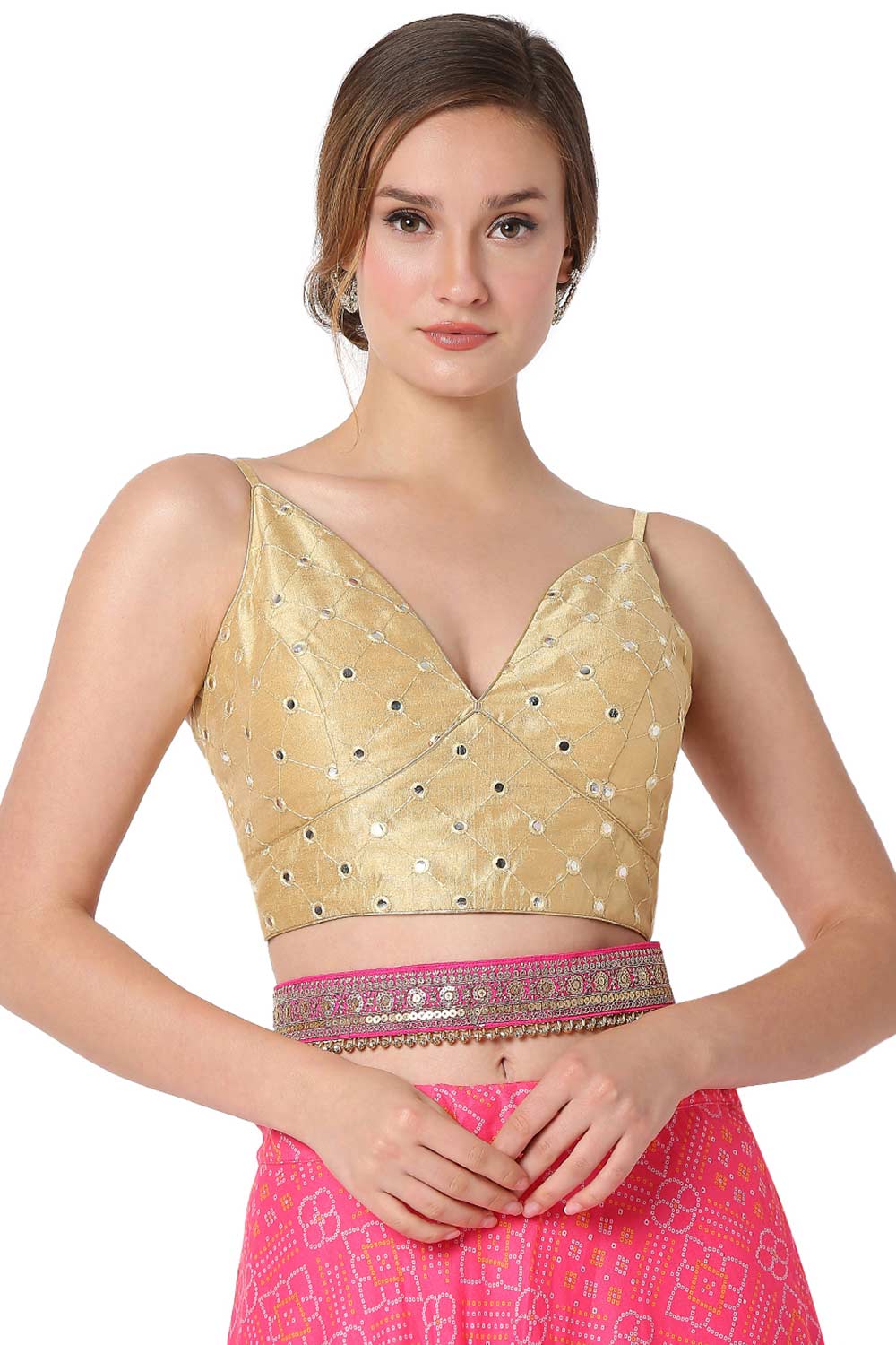 Gold Dupion Silk Embroidered Readymade Saree Blouse