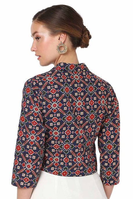 Navy Blue Cotton Printed Readymade Saree Blouse