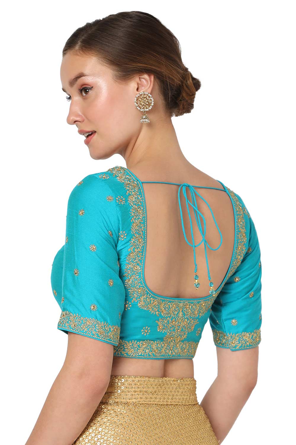 Blue Silk Blend Embroidered Readymade Saree Blouse