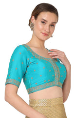 Blue Silk Blend Embroidered Readymade Saree Blouse