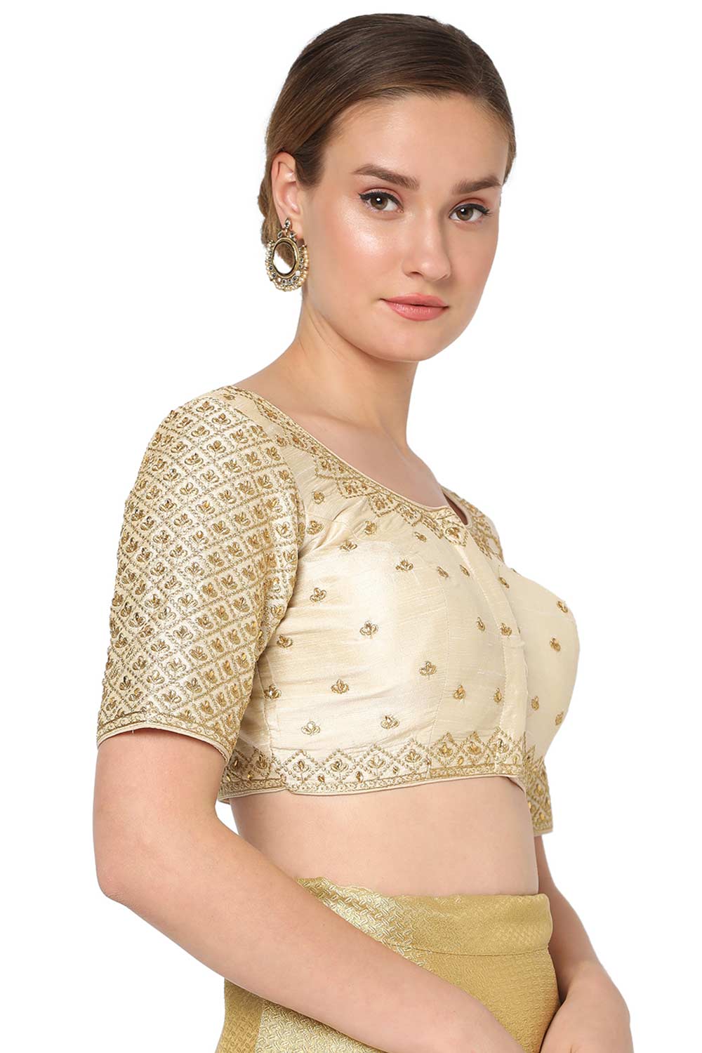 Beige Silk Blend Embroidered Readymade Saree Blouse
