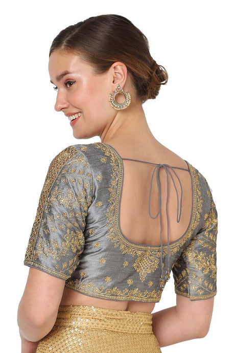 Grey Mulberry Silk Embroidered Readymade Saree Blouse