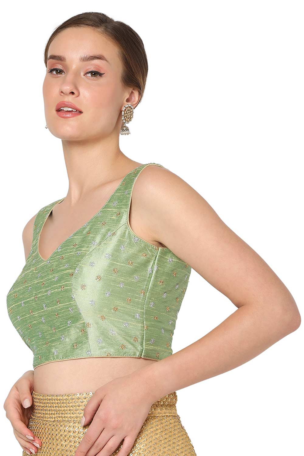 Pista Green Raw Silk Embroidered Readymade Saree Blouse
