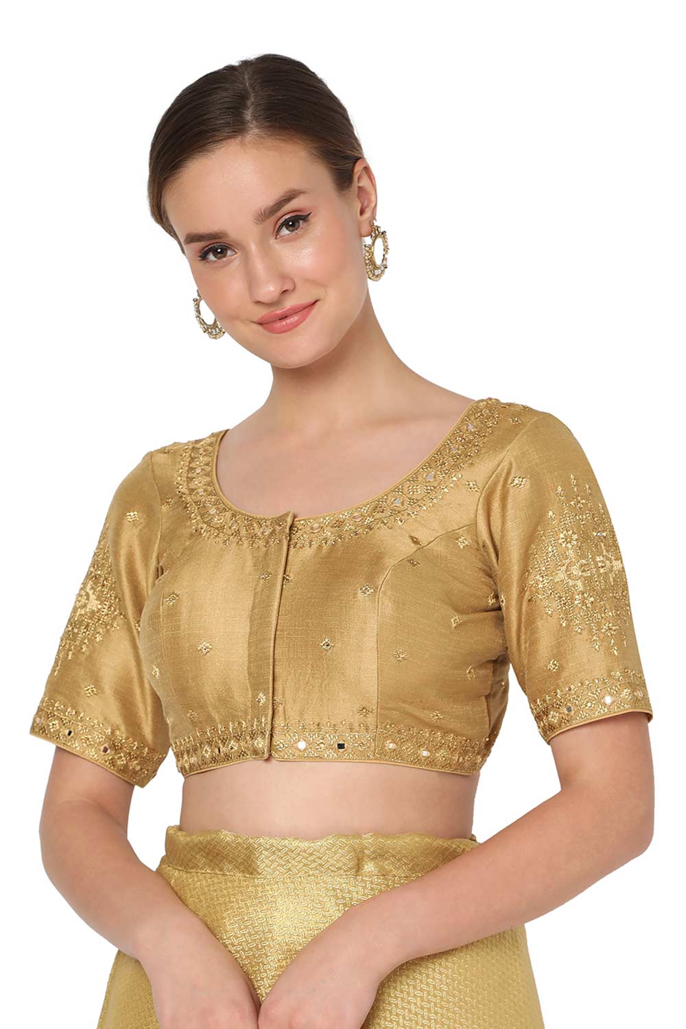 Gold Silk Blend Embroidered Readymade Saree Blouse