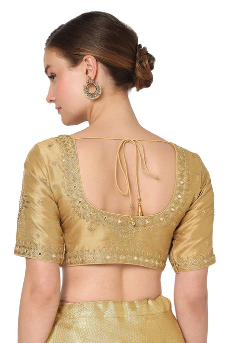 Gold Silk Blend Embroidered Readymade Saree Blouse