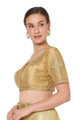 Gold Silk Blend Embroidered Readymade Saree Blouse