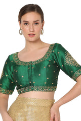 Green Silk Blend Embroidered Readymade Saree Blouse