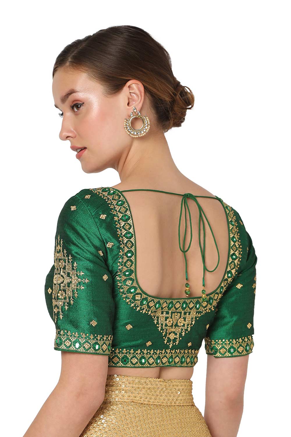 Green Silk Blend Embroidered Readymade Saree Blouse