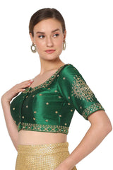 Green Silk Blend Embroidered Readymade Saree Blouse