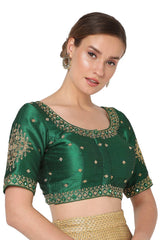 Green Silk Blend Embroidered Readymade Saree Blouse