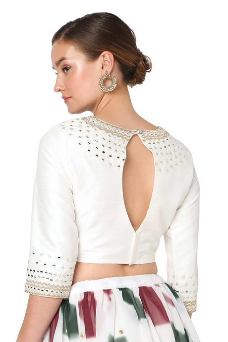 White Raw Silk Embroidered Readymade Saree Blouse
