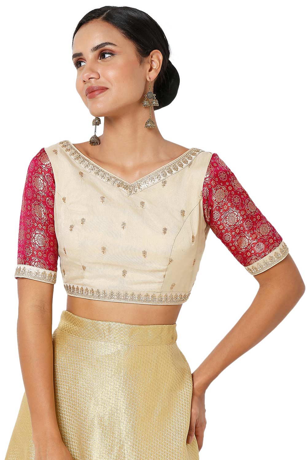 Beige & Pink Organza Embroidered Readymade Saree Blouse