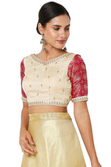 Beige & Pink Organza Embroidered Readymade Saree Blouse